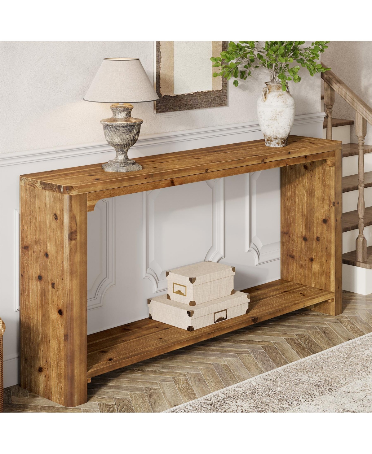 Slickblue Solid Wood Entryway Table 63 Inch with Double Storage Shelves