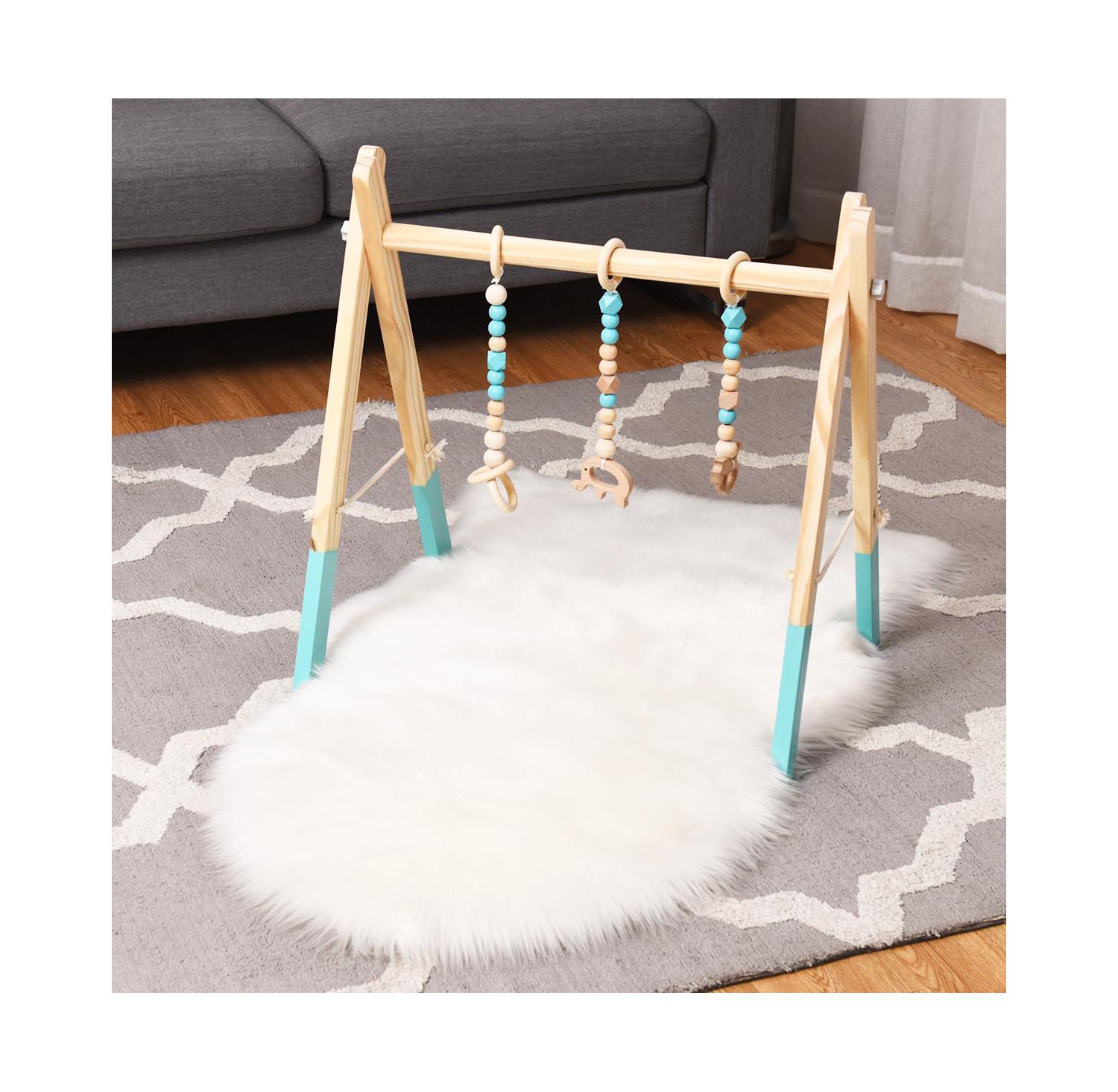 Toddler Wooden Gym with 3 Wooden Teething Toys Hanging Bar