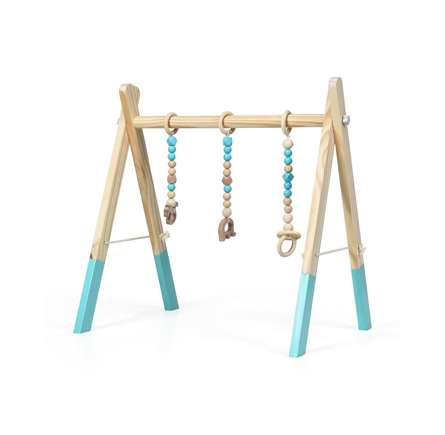 Toddler Wooden Gym with 3 Wooden Teething Toys Hanging Bar