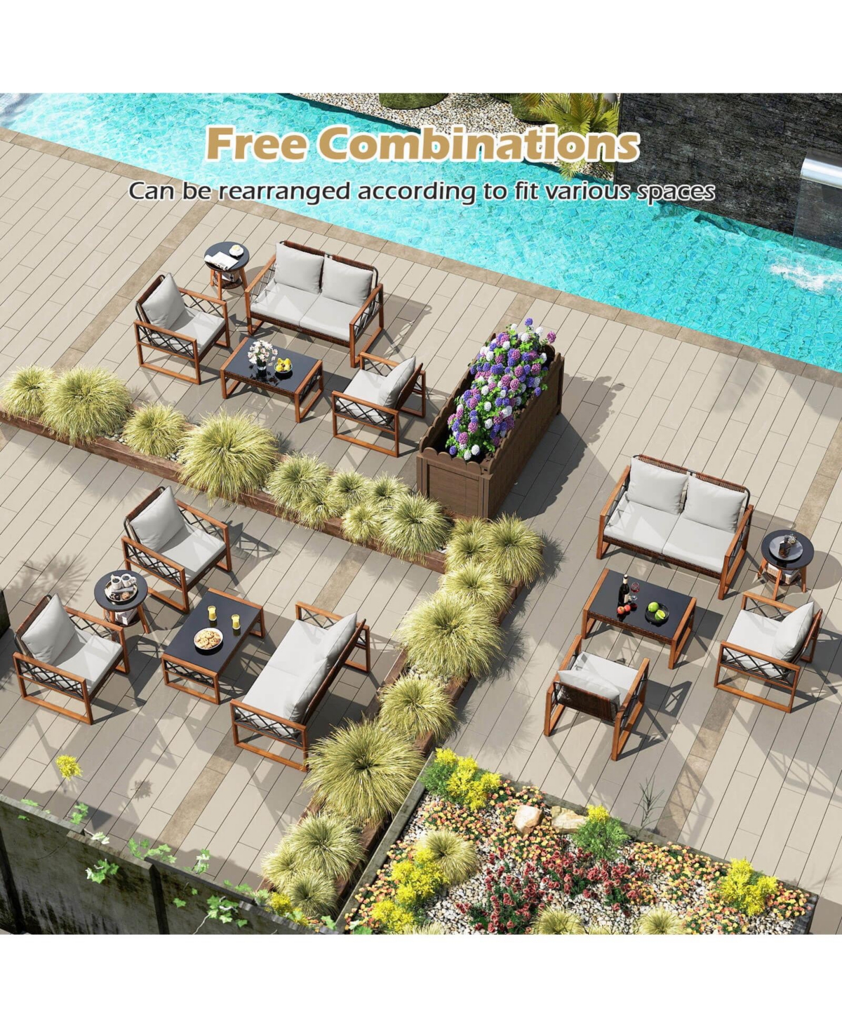 Costway 5 Pcs Pe Wicker Patio Furniture Set with Acacia Wood Frame Cushions for Deck Garden