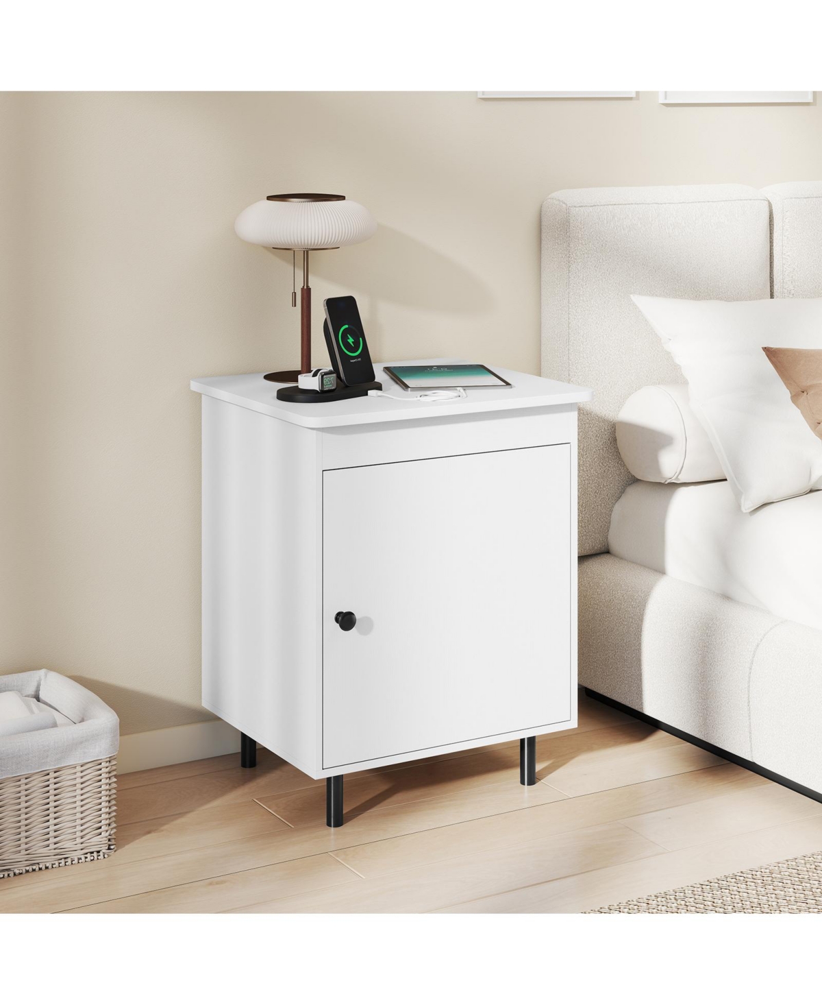 Gymax Nightstand Mid Century Modern End Table with Door Heavy-Duty Metal Legs for Bedroom