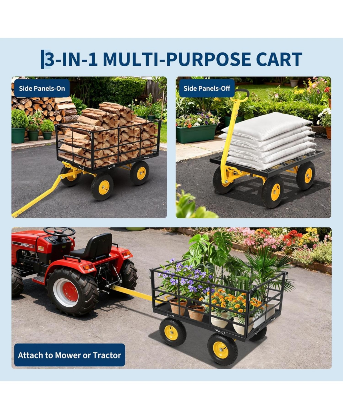 gaomon Heavy Duty 1500 lbs Steel Garden Cart with Removable Sides and Dumping Feature 4-in-1 Folding Wagon with Pneumatic Tires for Atv