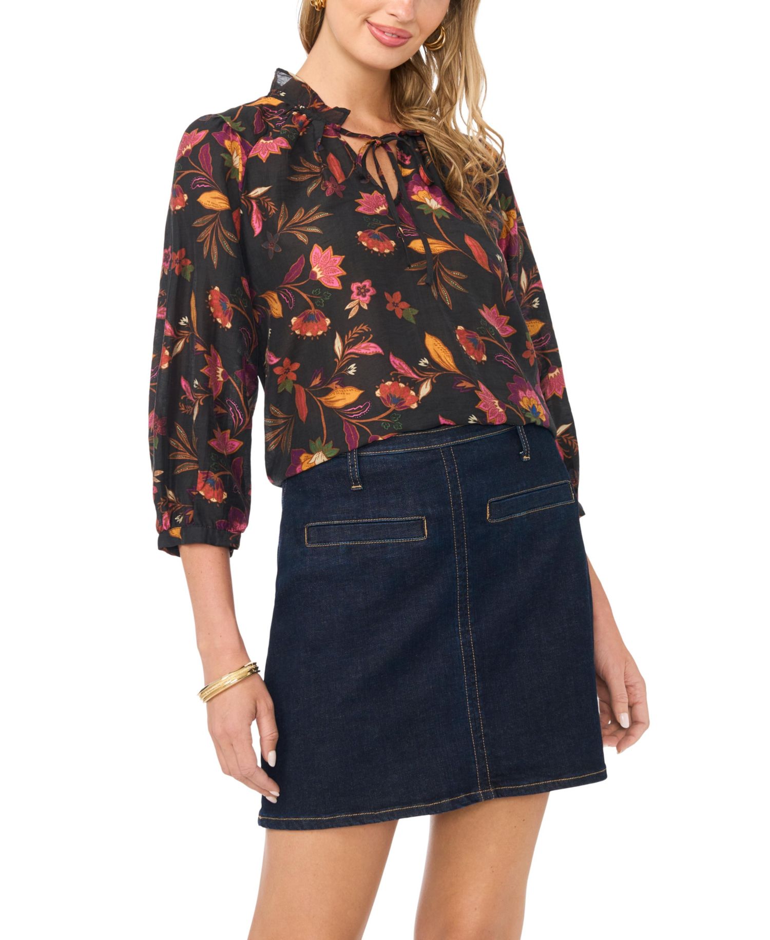 Women's Ruffle V-Neck Peasant-Sleeve Top