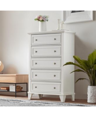5-Drawer Tall Wooden Dresser with Anti-Tip Device and Metal Handles for Bedroom, Closet, Hallway, or Living Room