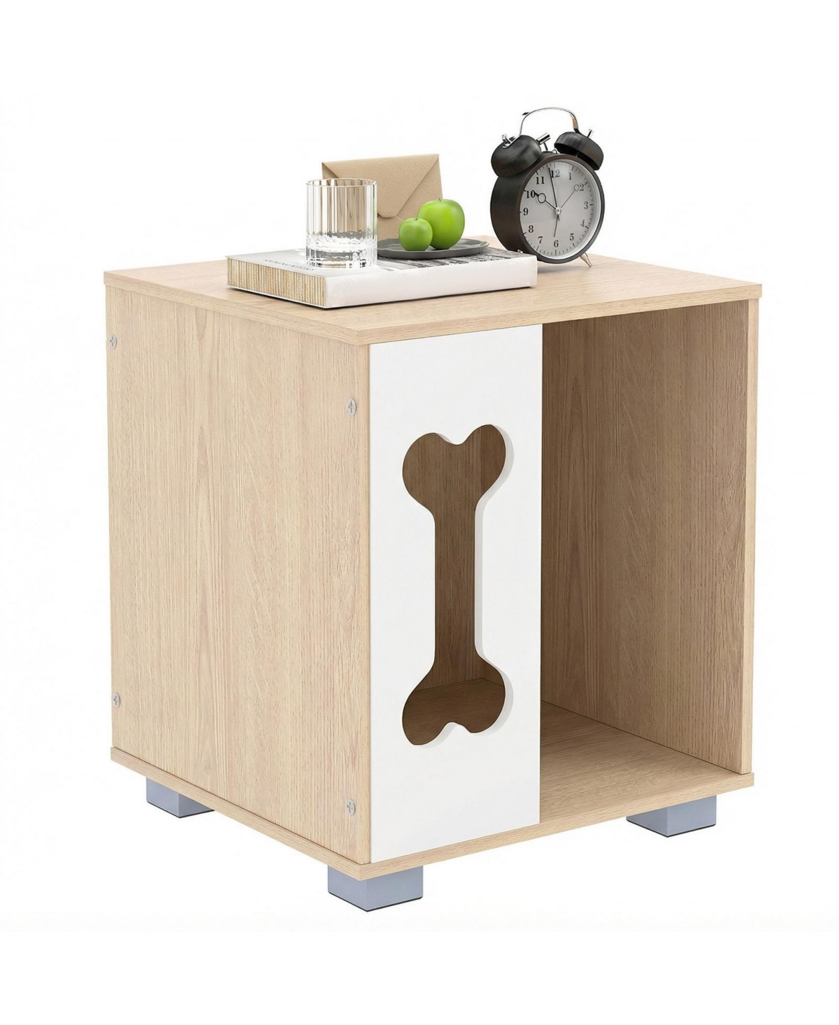 Cozito Cat Bed Side Table Wooden Cat Condo with Bone-Shape Window and Metal Legs