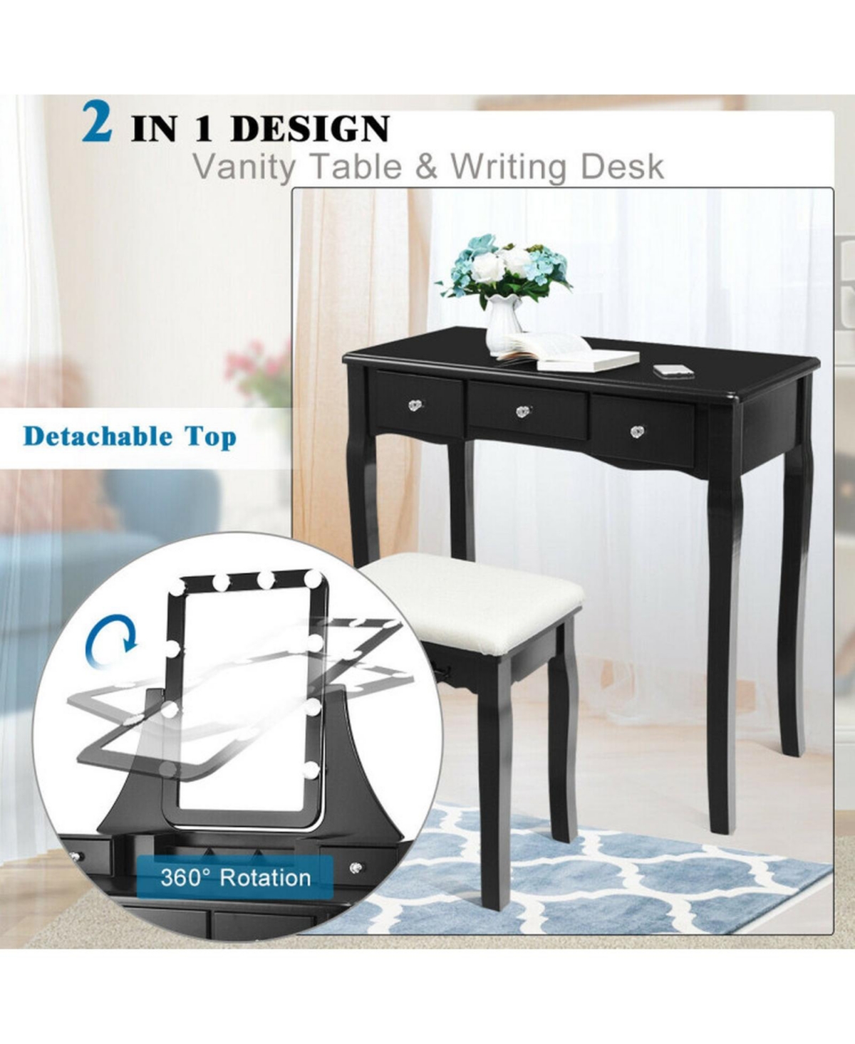 Gouun Wood Vanity Table Set with Tri-Fold Mirror and Drawer