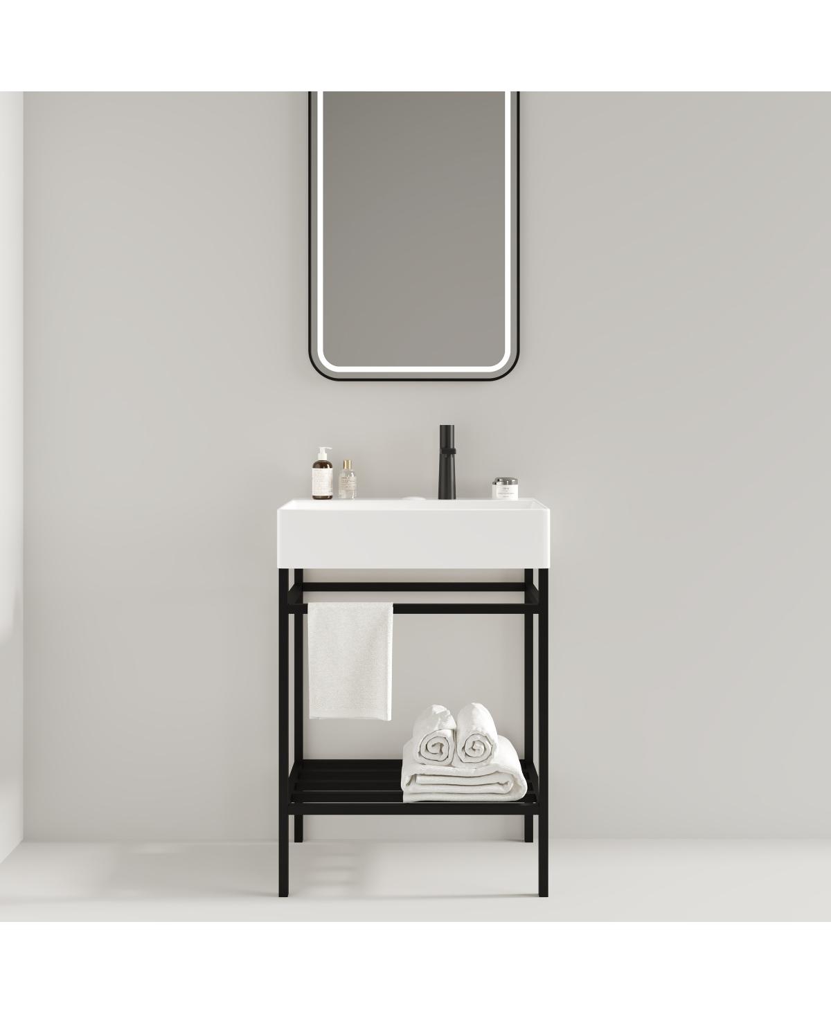 Sillysis Bathroom Vanity with Ceramic Integrated Sink, Metal Storage Shelf, Modern Freestanding Cabinet for Small Spaces