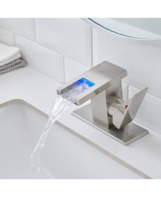 Bathroom Sink Faucet LED Light 3 Colors Changing Waterfall Glass Spout Hot Cold Water Mixer Single Handle One Hole Deck Mounted Bathroom Faucet