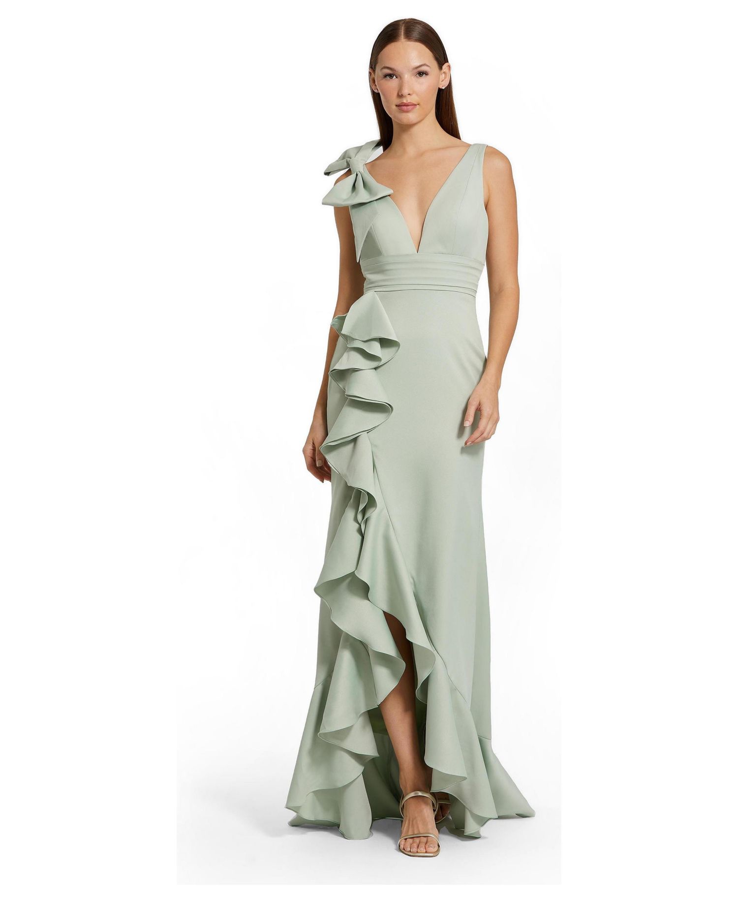 Women's Crepe Sleeveless Ruffled V-Neck Gown With Bow