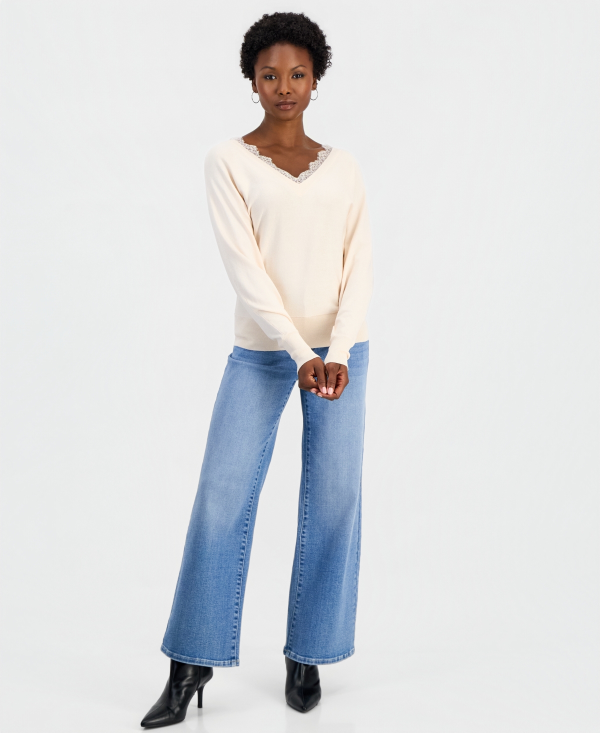 I.n.c. International Concepts Petite Lace Trim Double V-Neck Sweater, Macy's Exclusive