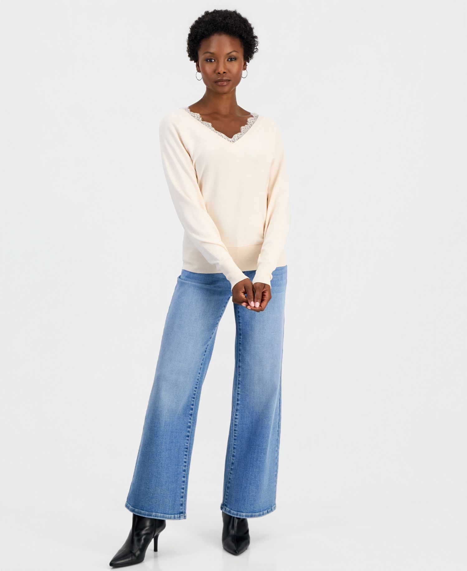 Petite Lace Trim Double V Neck Dolman Long-Sleeve Viscose-Blend Sweater