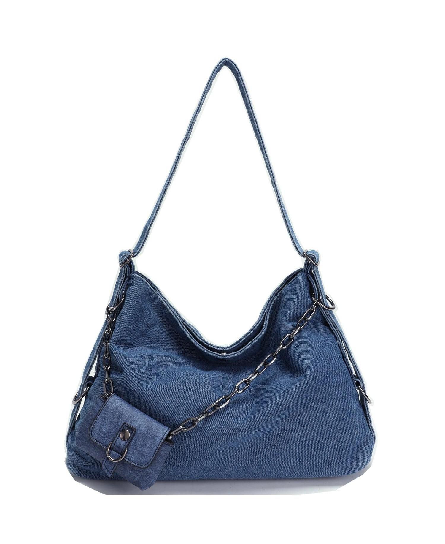 Women's Drift Hobo Bag Slouchy Shoulder Bag Crossbody Purse Casual Washed Denim Handbag with Chain Accent