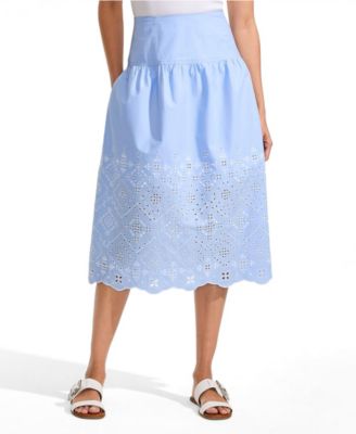 Lands' End Petite Poplin Drop Waist Embroidered Eyelet Midi Skirt - Light sea blue