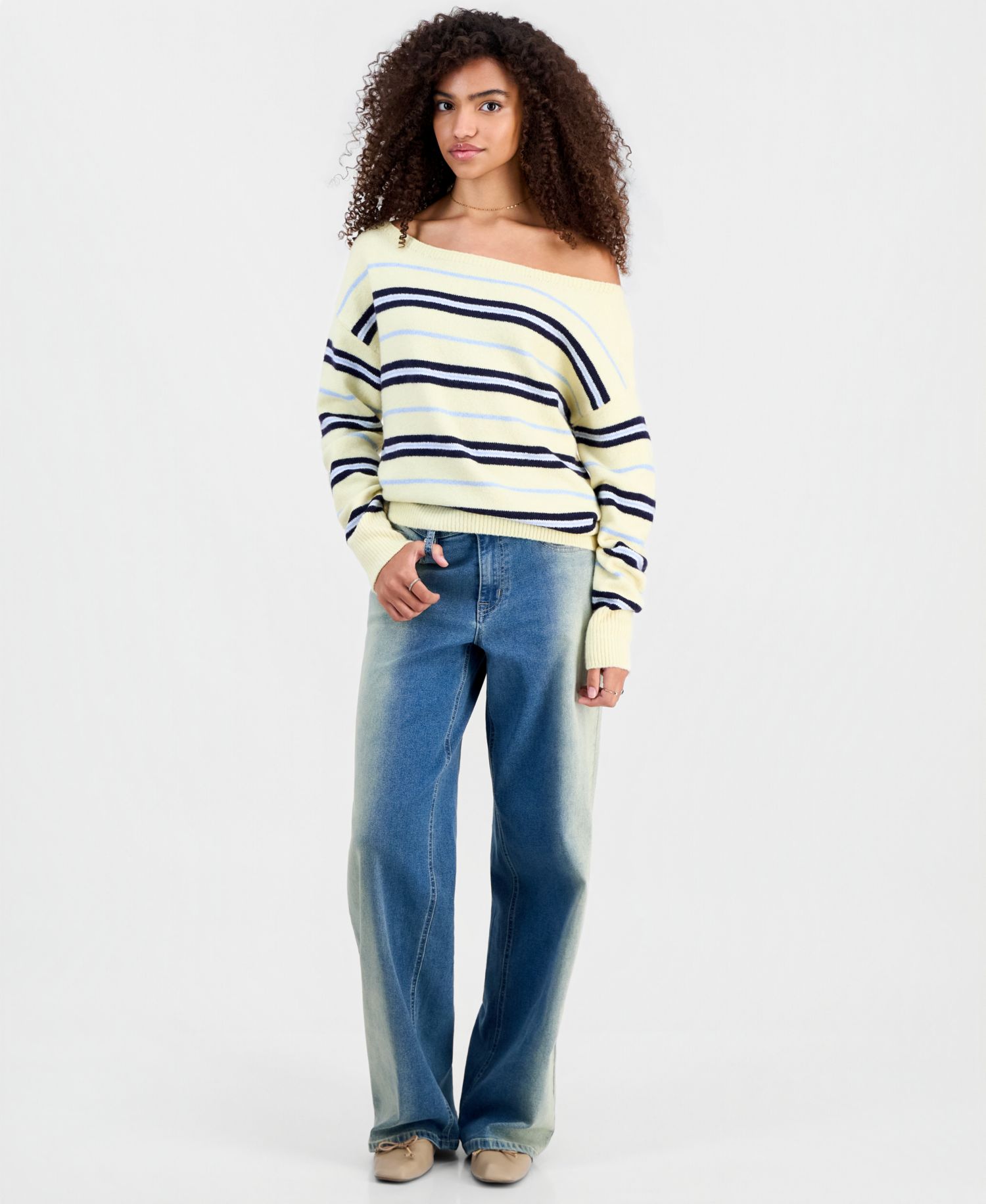 Juniors' Slouchy Off-The-Shoulder Striped Sweater