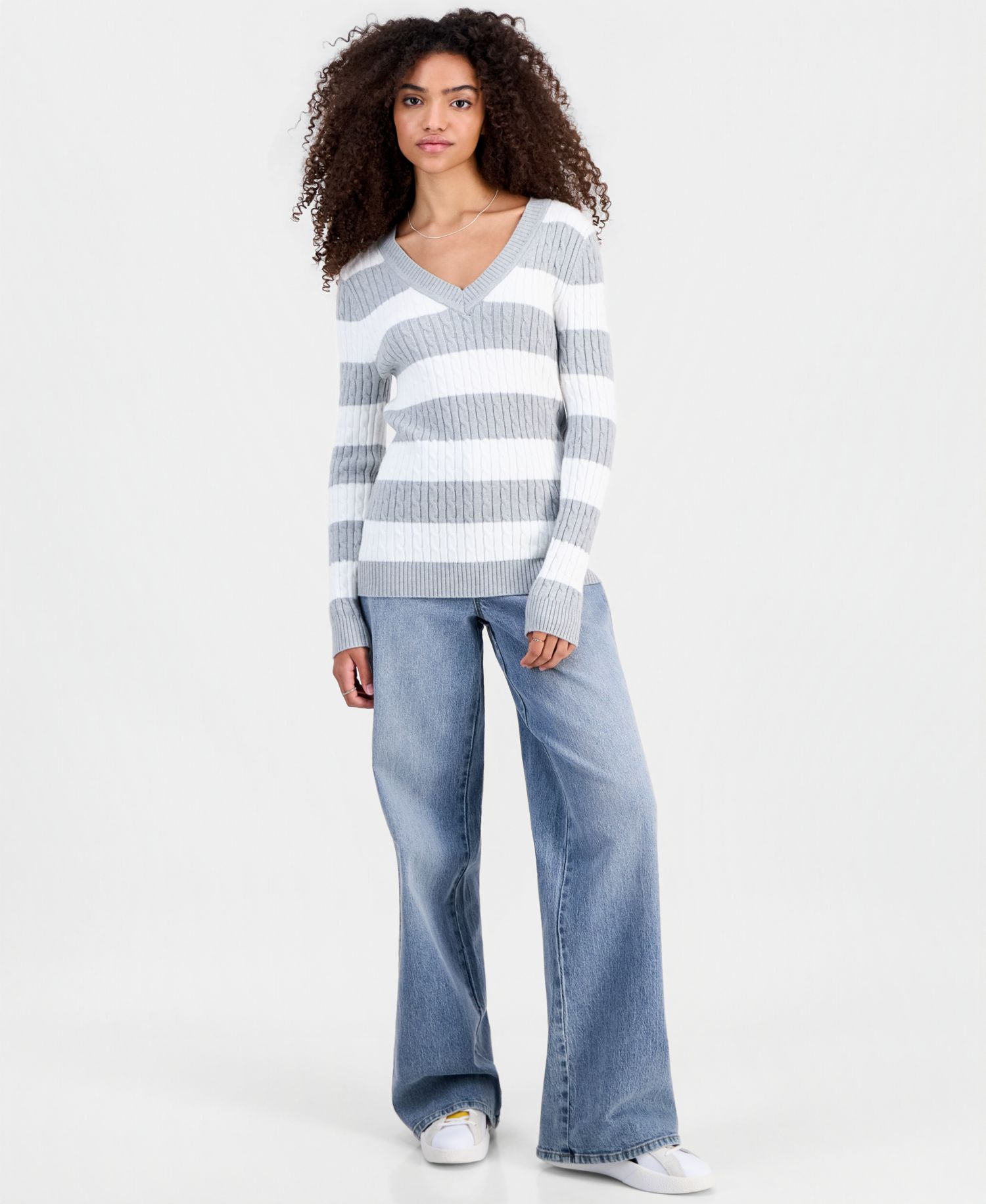 Juniors' Longline V-Neck Cable-Knit Sweater