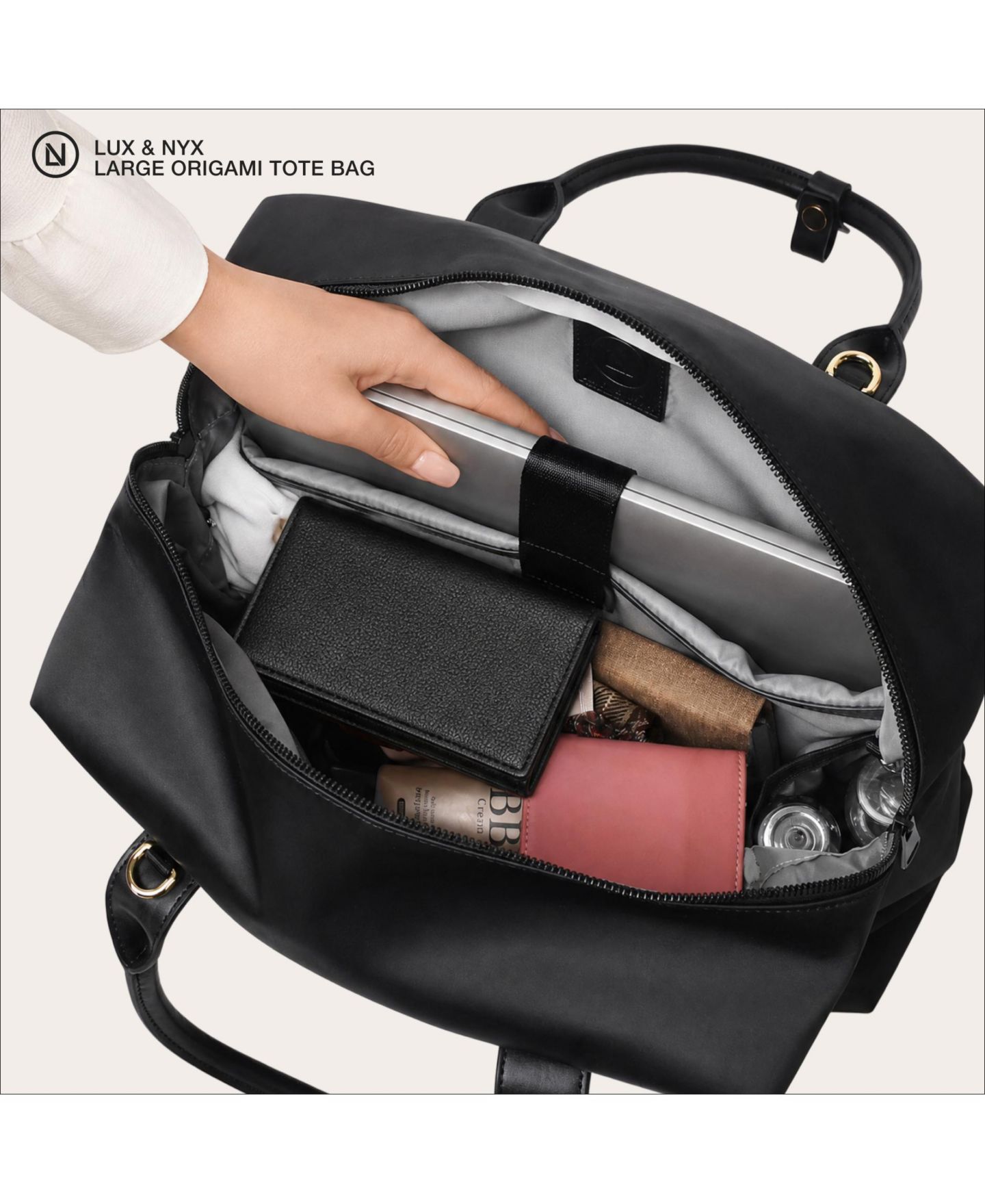 Женская сумка Lux & Nyx Large Origami Tote 15" Laptop Bag for Women, цвет: Чёрный золотой — фото 3