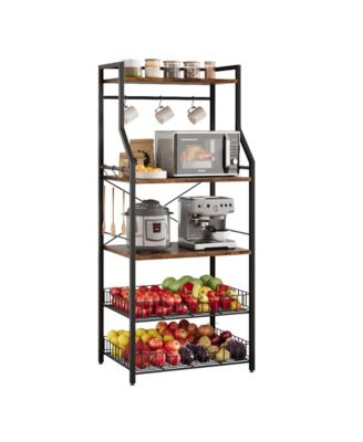 Kitchen baking rack, microwave rack with 2 large metal wire baskets, coffee bar, 5-tier multifunctional kitchen storage rack with 8 hooks