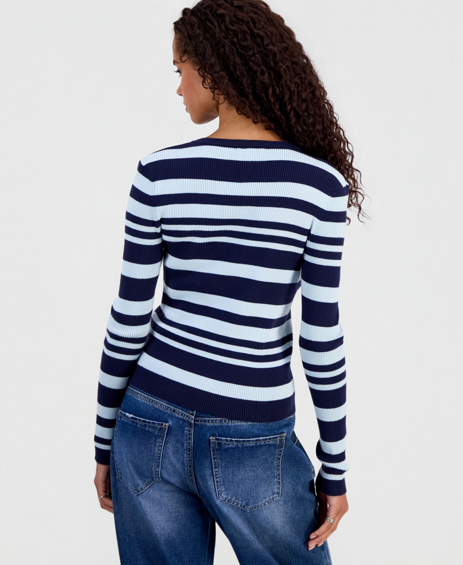 Juniors' Striped Snap Henley Stripe Sweater