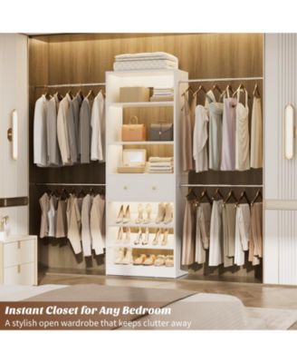 Wood Closet Organizer System with Drawer and 4 Hanging Rods, Heavy Duty Walk-in Closet