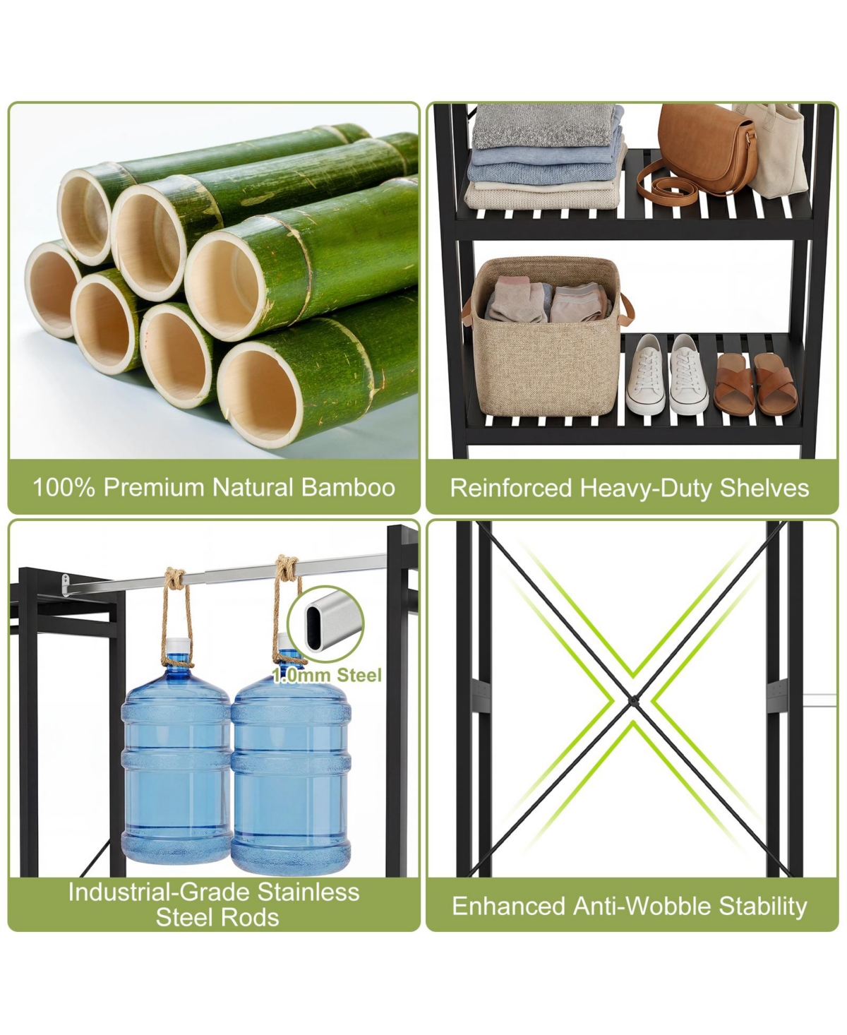 Aheaplus Bamboo Closet System with 5 Hanger Rods and Shelves, Expandable Clothing Rack
