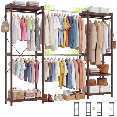 Bamboo Closet System with 5 Hanger Rods and Shelves, Expandable Clothing Rack