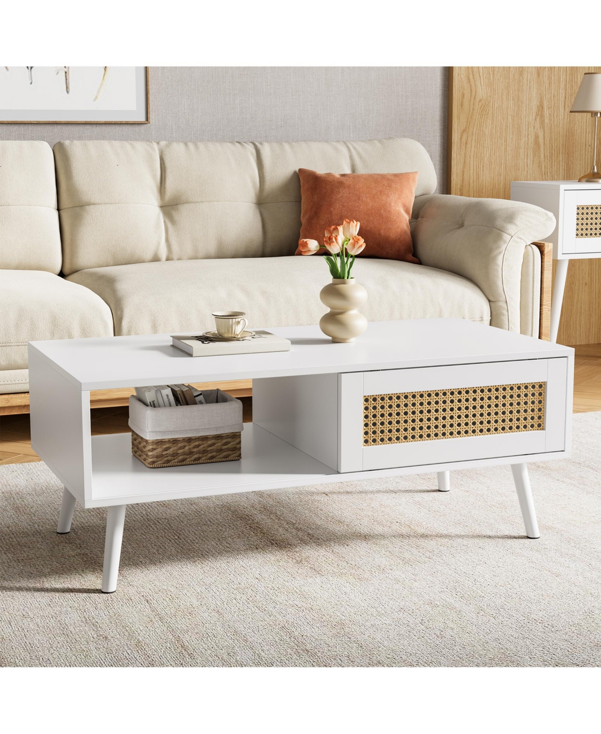 homfan Rattan Coffee Table with Storage, Farmhouse Boho Center Sofa Table with Sliding Door and Open Shelf for Living Room, Bedroom