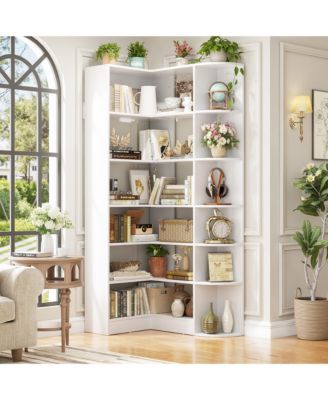 71" Tall 6-Tiers Corner Bookshelf with Open Storage, Wooden Display Shelves for Bedroom