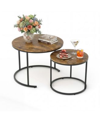 Round Nesting Coffee Table Set of 2, Round Coffee Table for Living Room, Space Saving Nesting Tables, Metal Frame