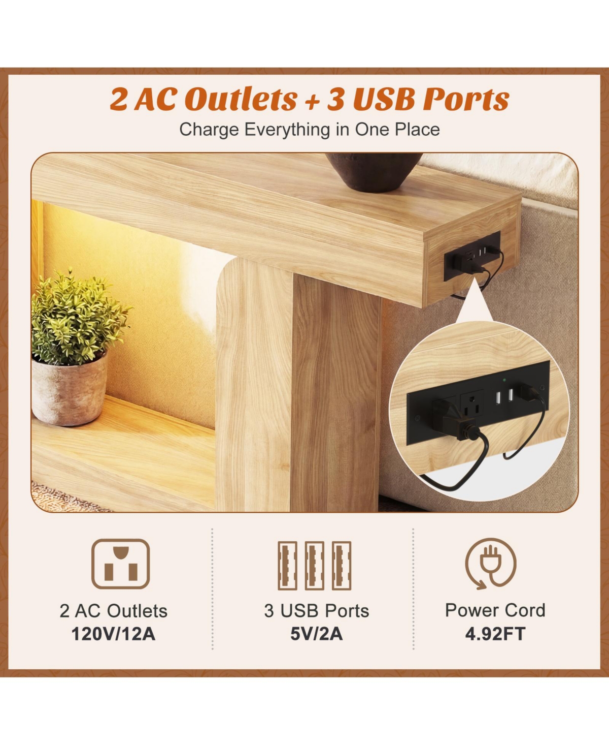 Aheaplus Entryway Table with Charging Station, Console Rgb Led Light, Wooden Sofa