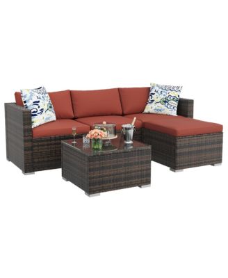 Outdoor Patio Furniture Set with Modular Wicker Sectional Washable Cushions and Glass Top Table