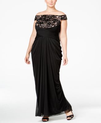 Adrianna Papell Plus Size Off-The-Shoulder Lace-Trim Gown - Dresses ...