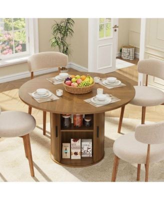 47 In Round Dining Table with Hidden Storage, Fluted Pedestal Base, Slide Door Shelf, Kitchen Table for 4, Table Only