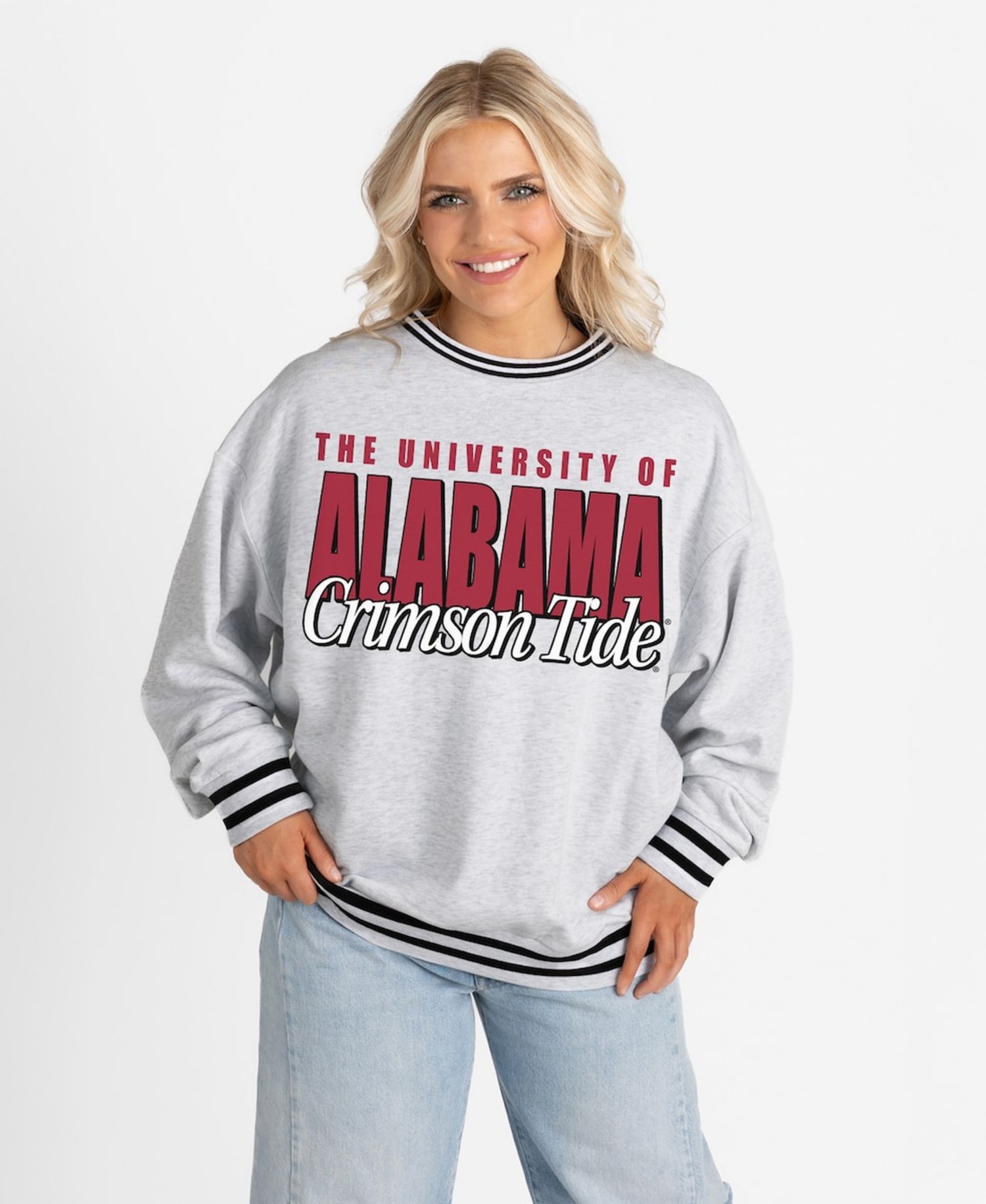 Women's Gray Alabama Crimson Tide Oversized Showdown Ringer Stripe Sweatshirt