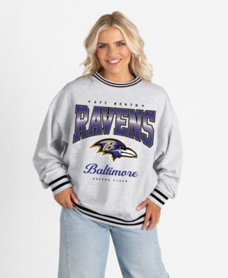Women's Ash/Black Baltimore Ravens Oversized Gridiron Drive Ringer Stripe Sweatshirt
