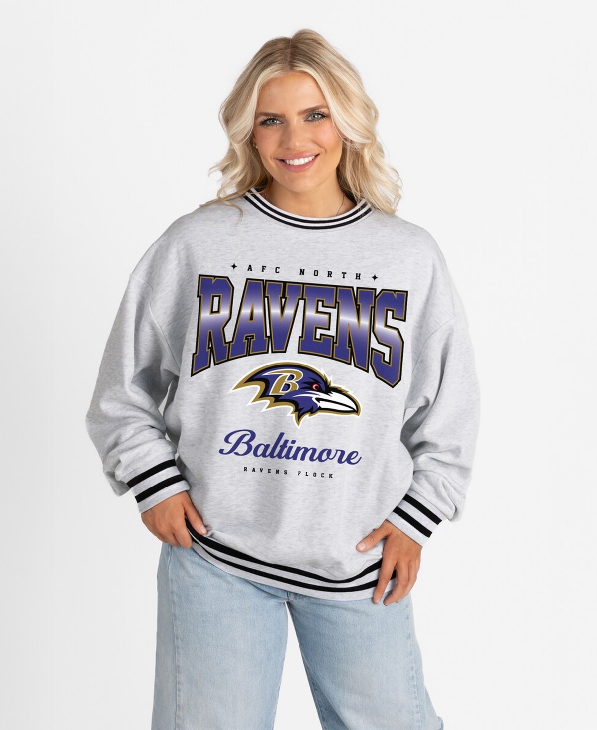 Gameday Couture Women's Ash/Black Baltimore Ravens Oversized Gridiron Drive Ringer Stripe Sweatshirt