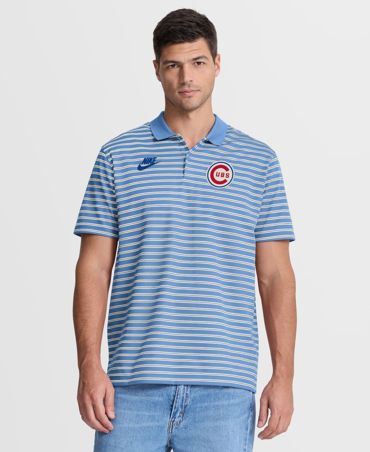 Men's Light Blue Chicago Cubs Cooperstown Collection Dri-FIT Victory Striped Polo Shirt