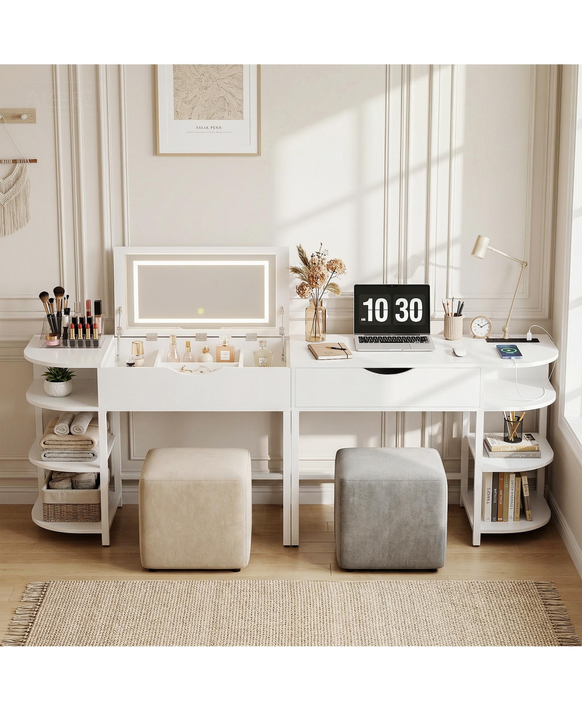 Aheaplus Flip-Top Makeup Dressing Table with mirror and Drawer, Small Vanity Desk with Charging Station