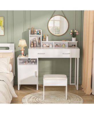 Vanity Desk with Charging Station, Makeup Table with Storage Drawers, Cabinet, Shelves