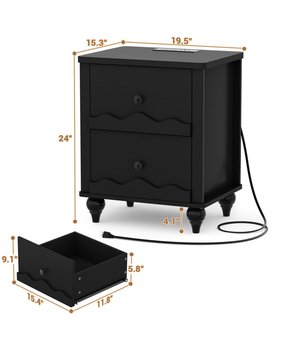 Aheaplus Wooden Nightstand with Charging Station, Storage Dresser 2 Drawers