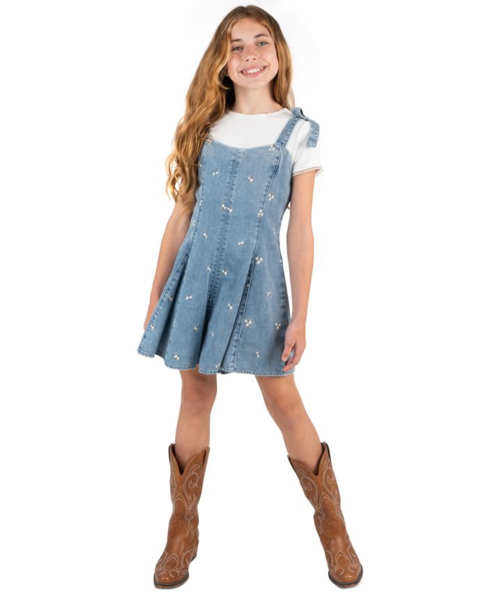 Rare Editions Girls 7 16 T Shirt Embroidered Denim Bow Straps Panelled — 2 piece
