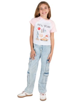 Girls' 7-12 Graphic Raglan T-Shirt and Denim Cargo Pants, 2-Piece Set