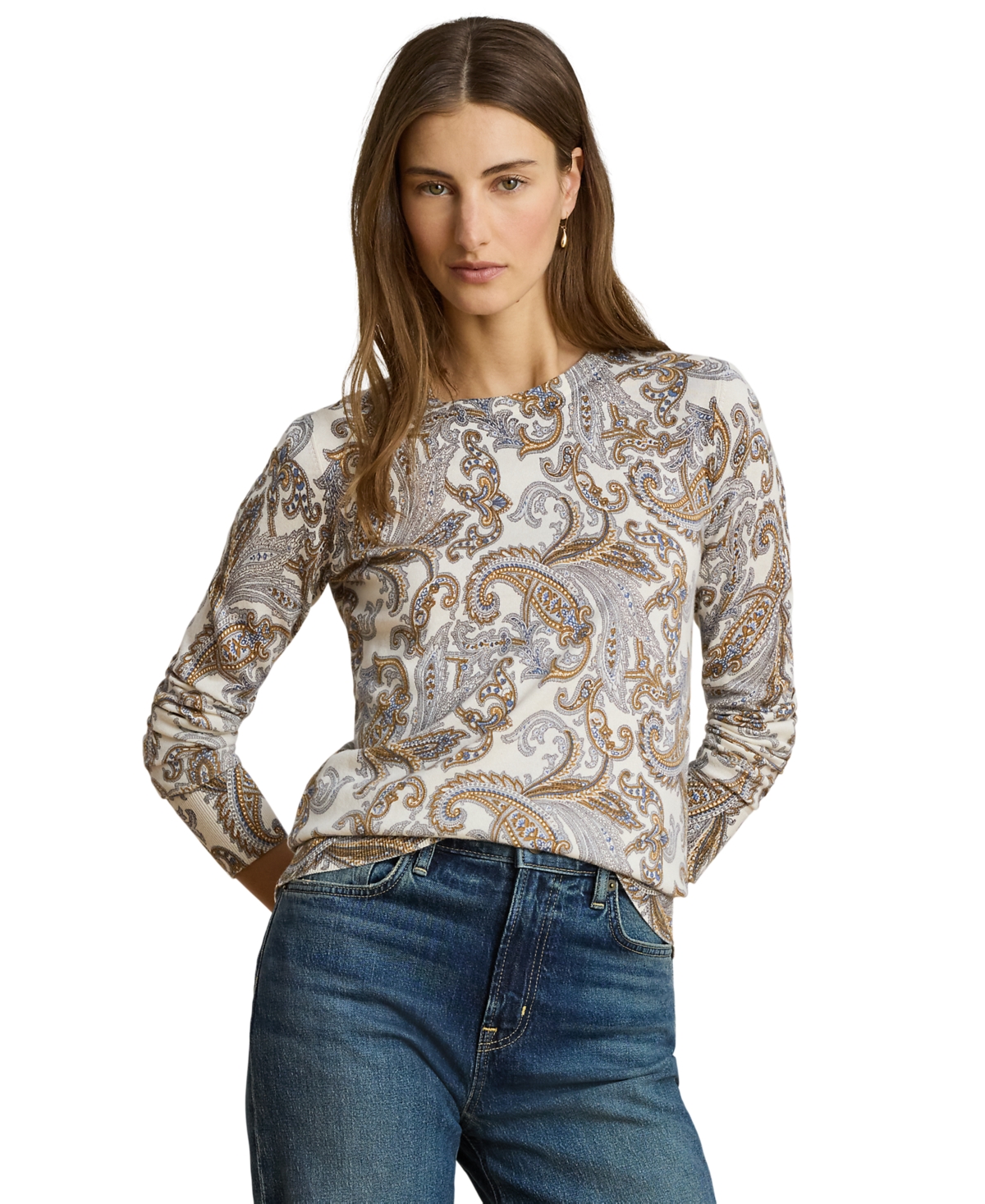 Lauren Ralph Petite Paisley Print Crewneck Sweater