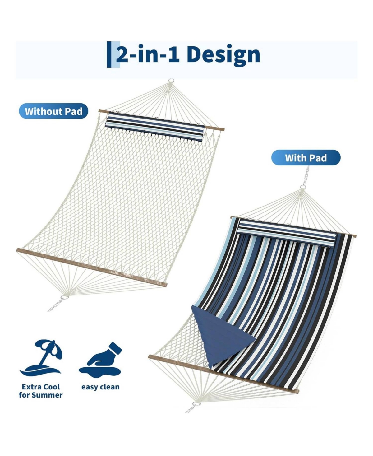 gaomon 2 in 1 Outdoor Hammock with Cotton Rope and Polyester Pad for Patio, Backyard, Garden, Beach