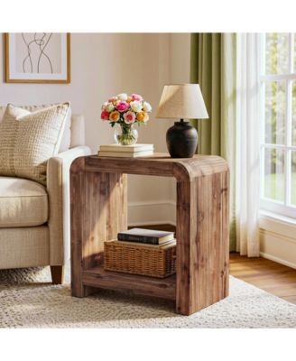 2-Tier Solid Wood End Table, Farmhouse Rustic Nightstand,Narrow Side Table with Storage Shelves