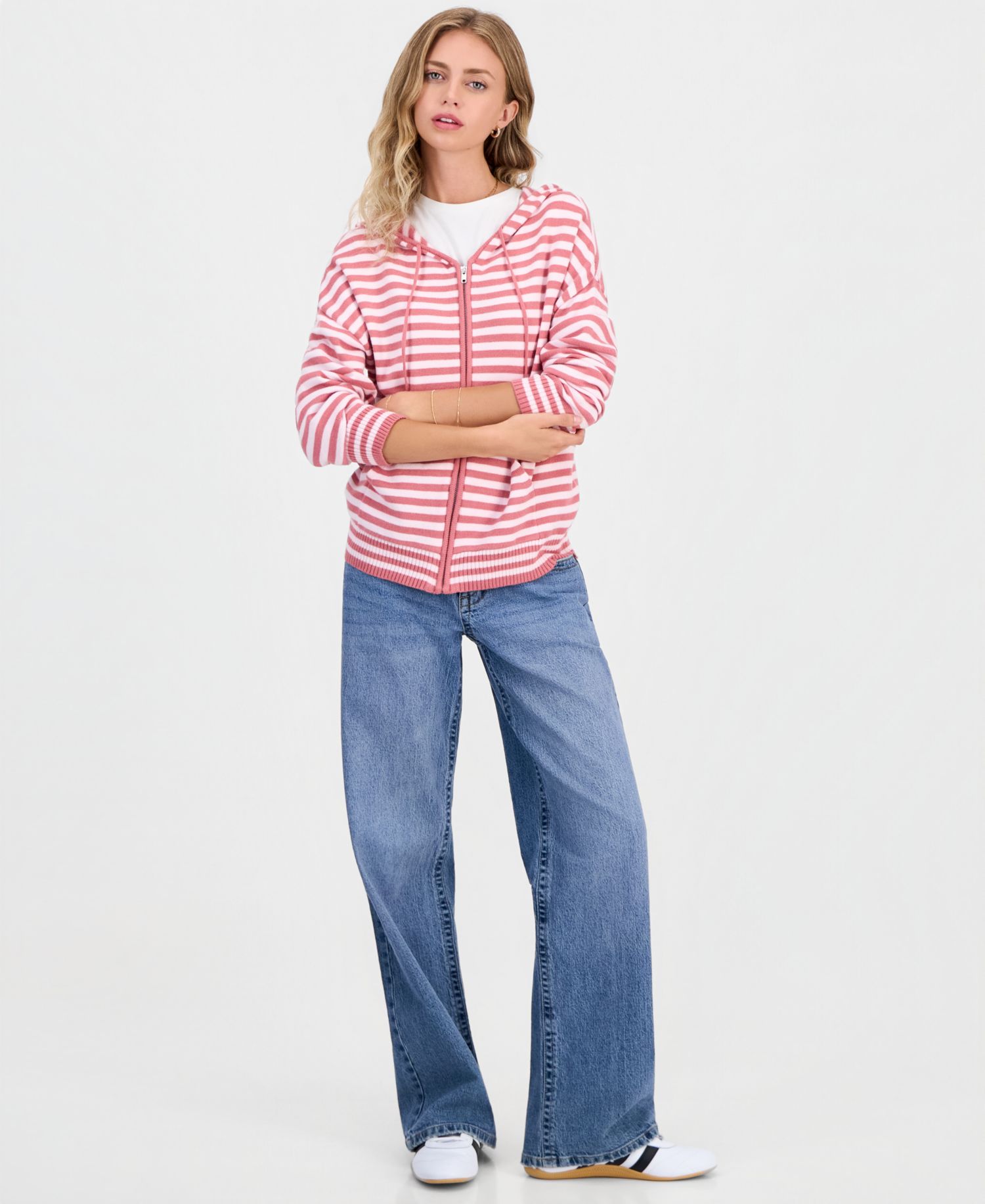 Juniors' Striped Full-Zip Hoodie Sweater