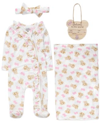 Baby Girls' Bear Print Coverall, Headband, Blanket, Wood sign, 4-Piece Set