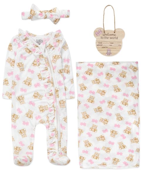 Аксессуары для волос Baby Essentials Bear Print Coverall, Headband, Blanket, Wood Sign, 4-Piece Set для девочек-малышей, цвет: Розовый