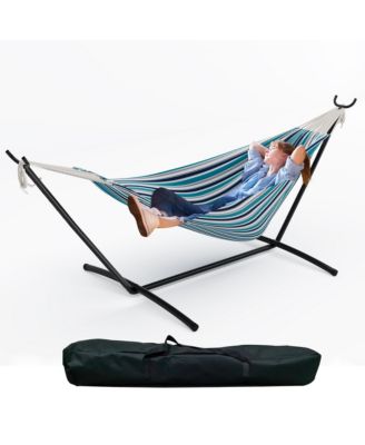 Double Hammock with Foldable Steel Stand and Carry Bag, Weight Capacity Indoor Outdoor Standing Hammock, Portable Cotton Hammock
