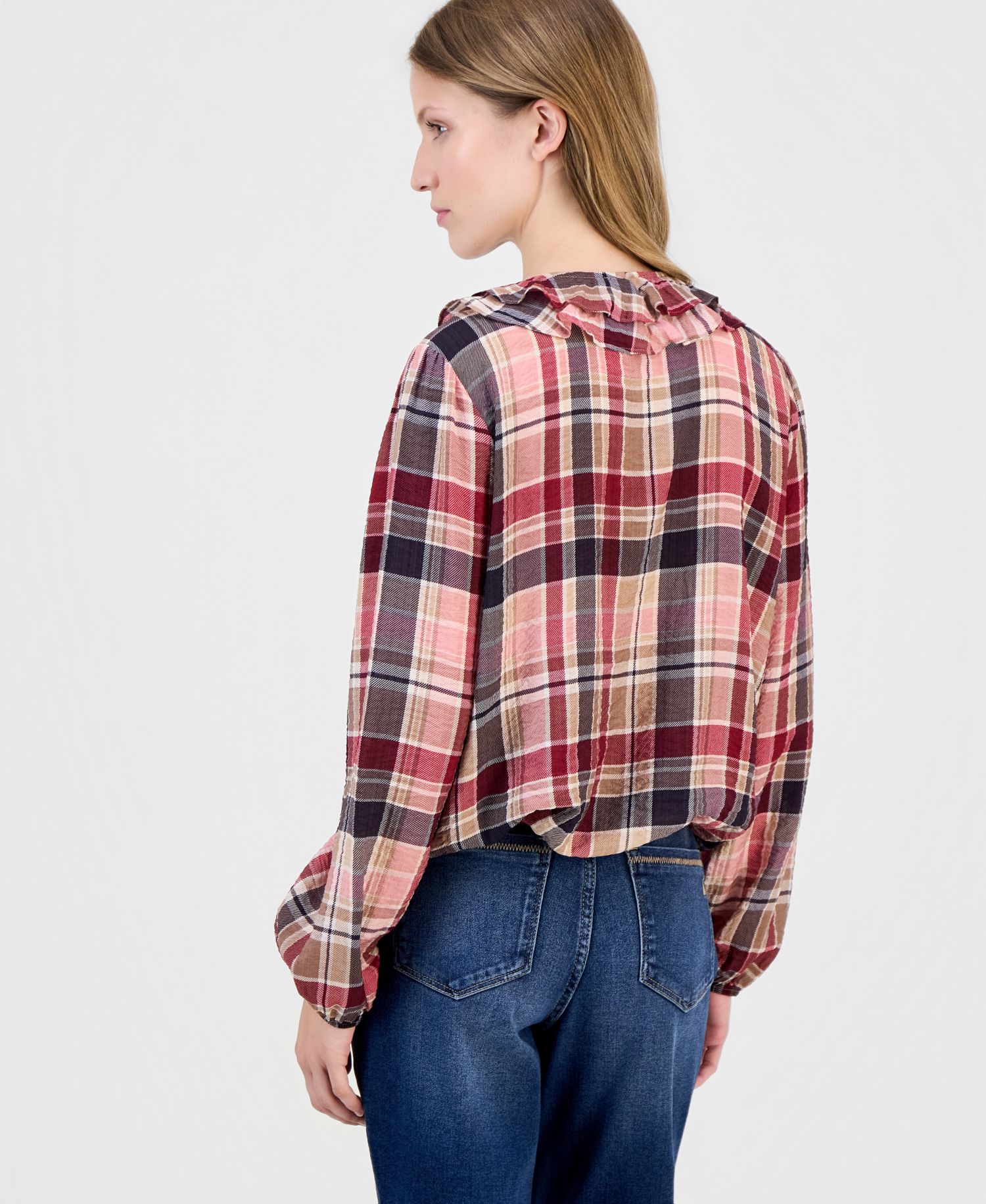 Women's Ruffled Long-Sleeve Plaid Blouse