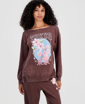 Juniors' Tokyo Flower Mineral-Wash Boat-Neck Fleece Sweatshirt